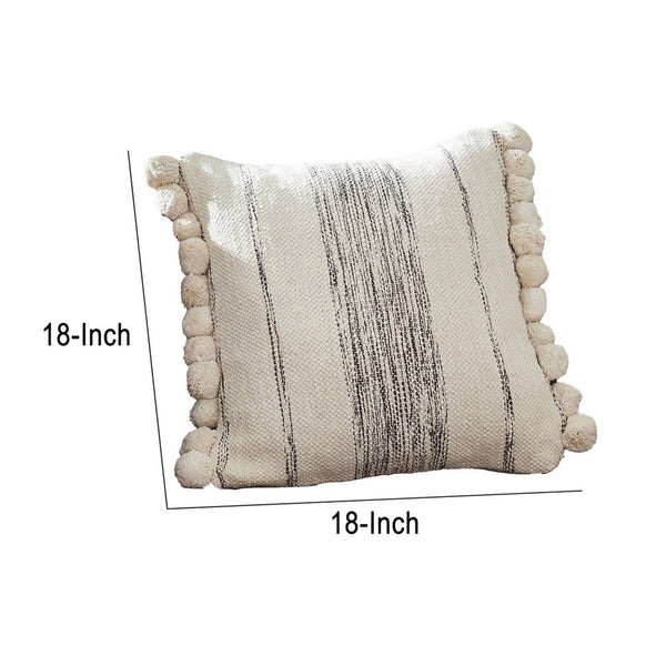 18 Inch Decorative Throw Pillow Cover Textured Pom Pom Edges Cream-zoom-3