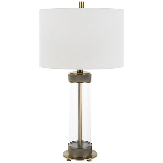 28 Inch Metal Table Lamp Glass Case Design Antique Brass White