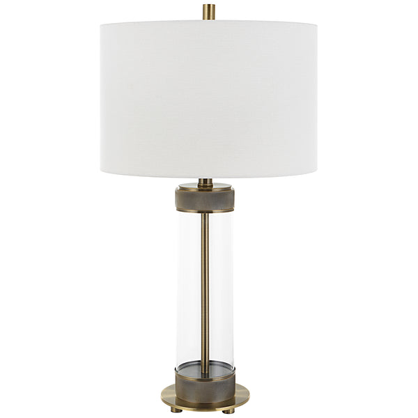 28 Inch Metal Table Lamp Glass Case Design Antique Brass White