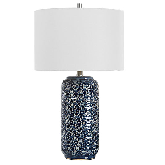 27 Inch Ceramic Table Lamp Wavy Texture Blue Silver White