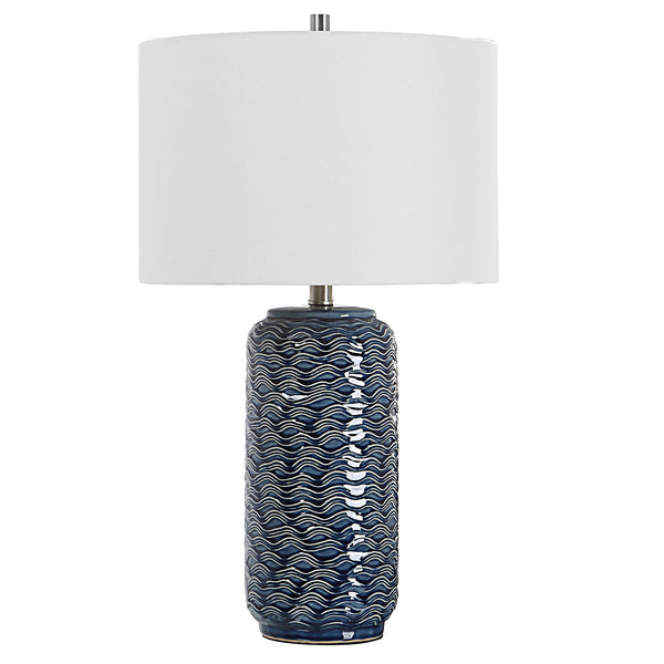 27 Inch Ceramic Table Lamp Wavy Texture Blue Silver White