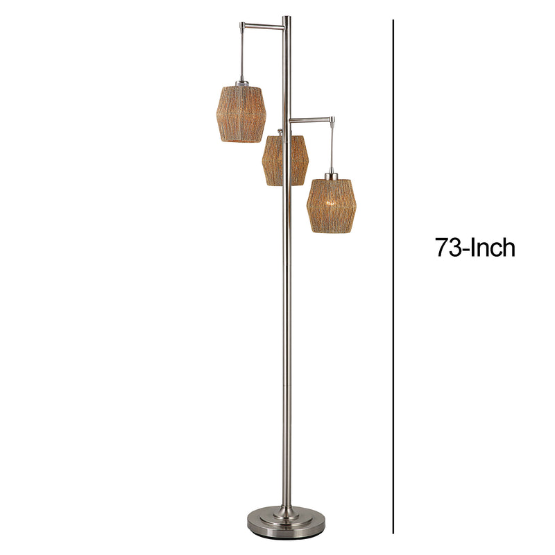 73 Inch Metal Floor Lamp Three Drum Shaped Rope Shades Silver Brown-zoom-