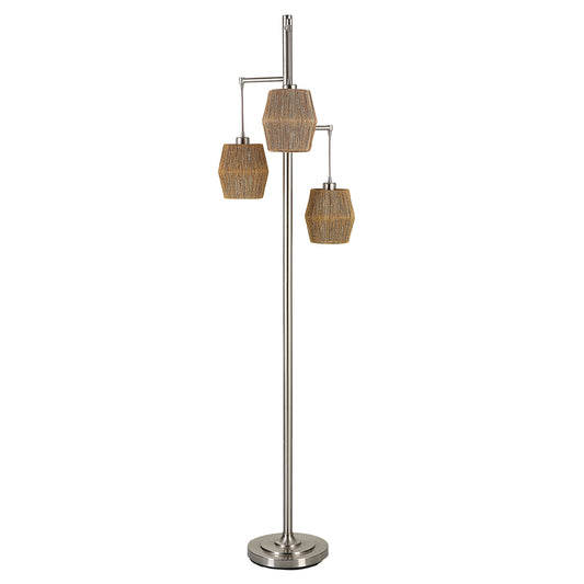 73 Inch Metal Floor Lamp Three Drum Shaped Rope Shades Silver Brown