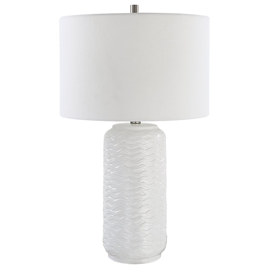 27 Inch Ceramic Table Lamp Wavy Texture Silver White