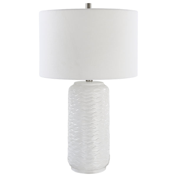 27 Inch Ceramic Table Lamp Wavy Texture Silver White