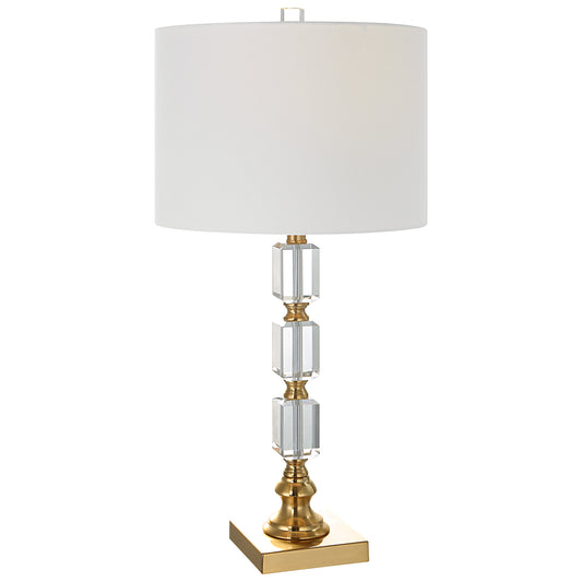 29 Inch Metal Table Lamp Stacked Crystals Antique Brass White