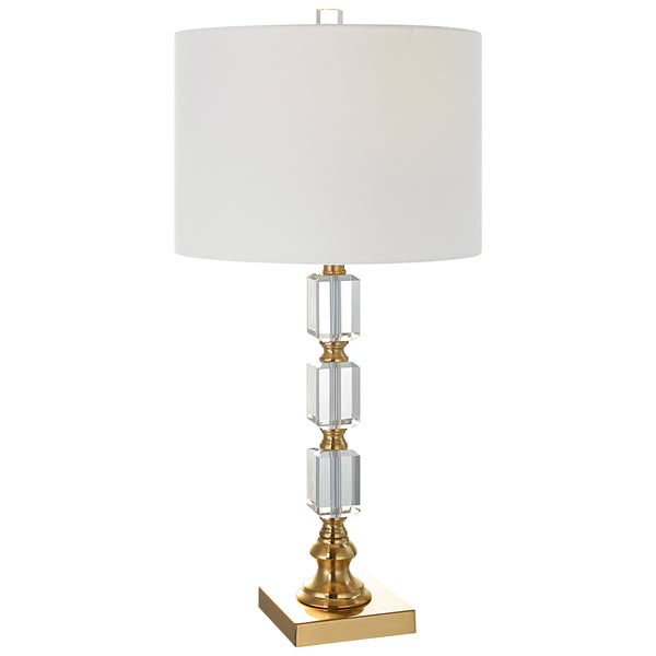 29 Inch Metal Table Lamp Stacked Crystals Antique Brass White