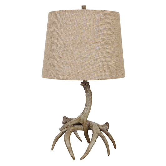 22 Inch Polyresin Table Lamp Antlers Burlap Shade Beige