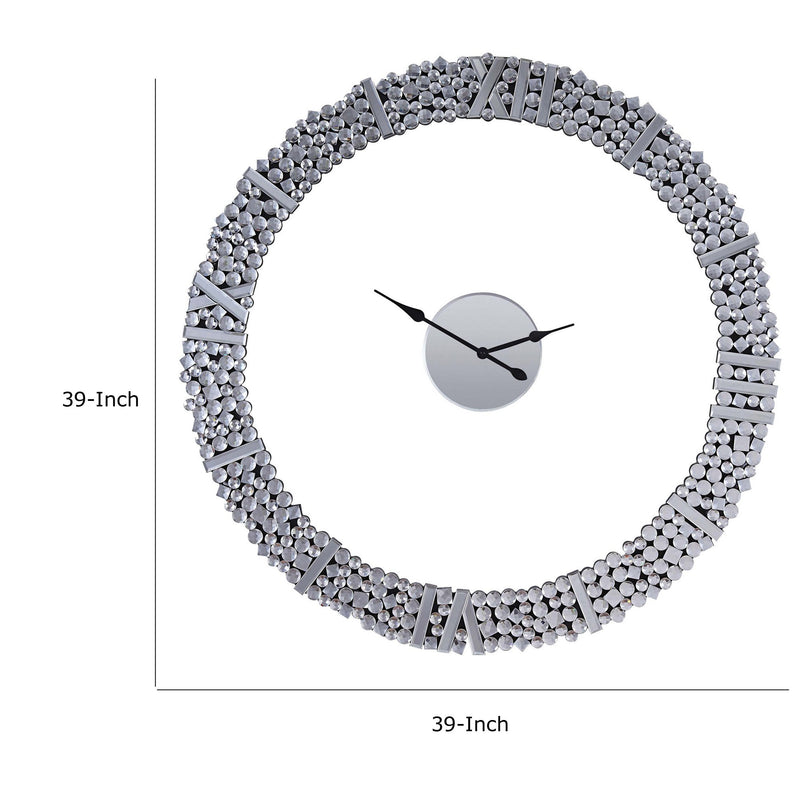 39 Inch Modern Analog Wall Clock Faux Gem Inlay Quartz Silver-zoom-