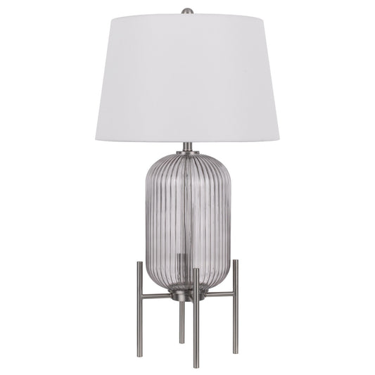 33 Inch Modern Table Lamp Rounded Glass Fluted Body Steel Stand White