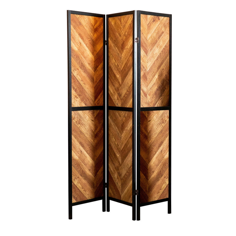 70 Inch Modern 3 Panel Folding Room Divider, Herringbone Pattern, Brown-zoom-