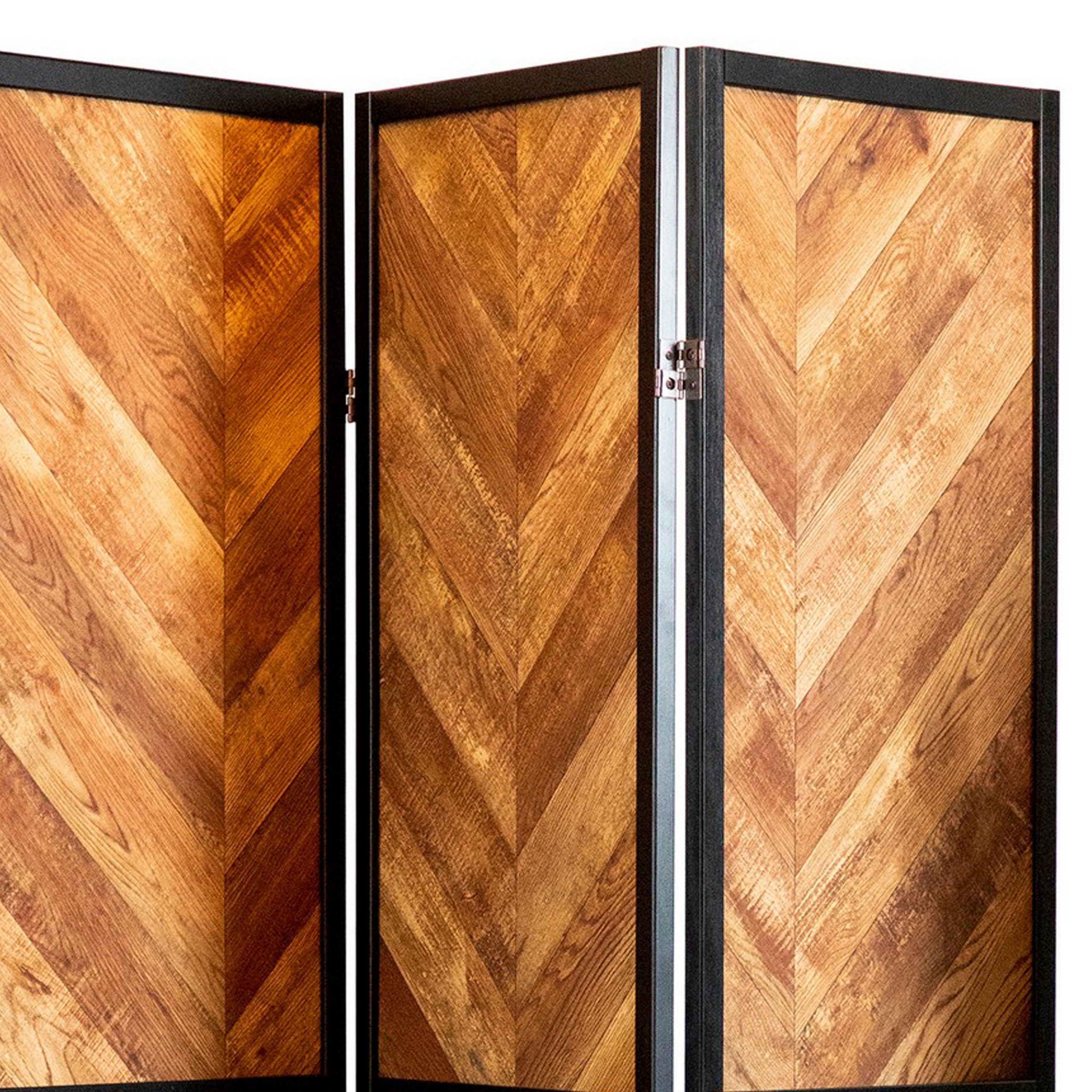 70 Inch Modern 3 Panel Folding Room Divider, Herringbone Pattern, Brown-zoom-2