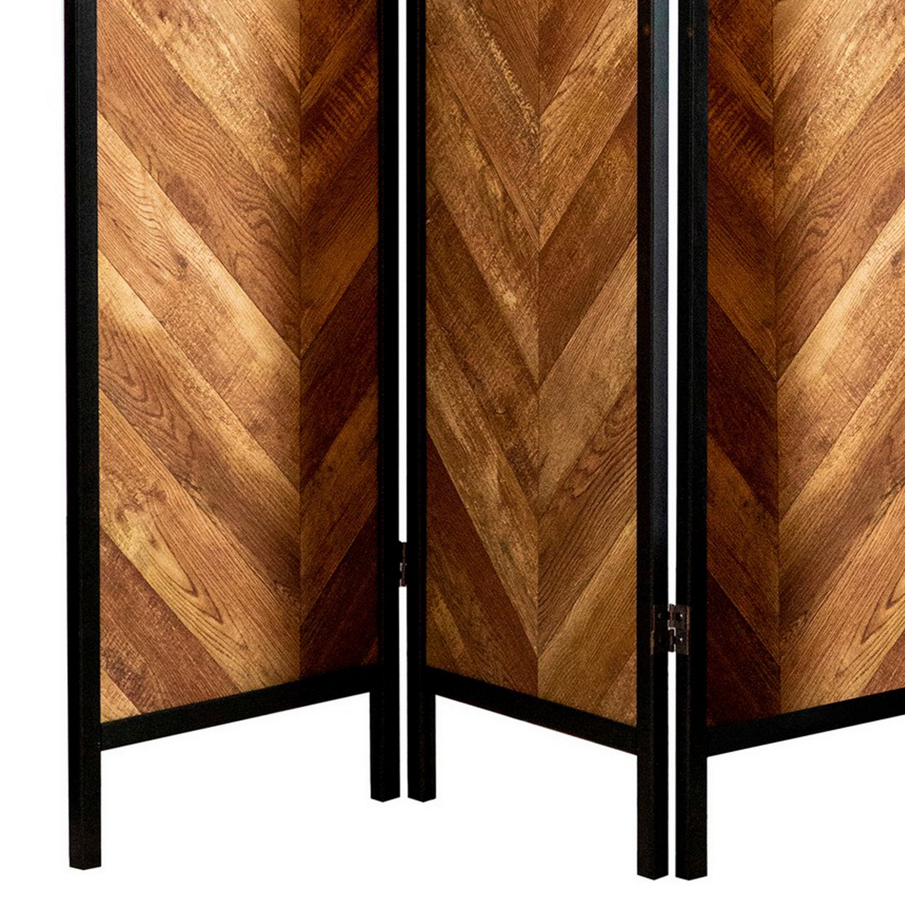 70 Inch Modern 3 Panel Folding Room Divider, Herringbone Pattern, Brown-zoom-4