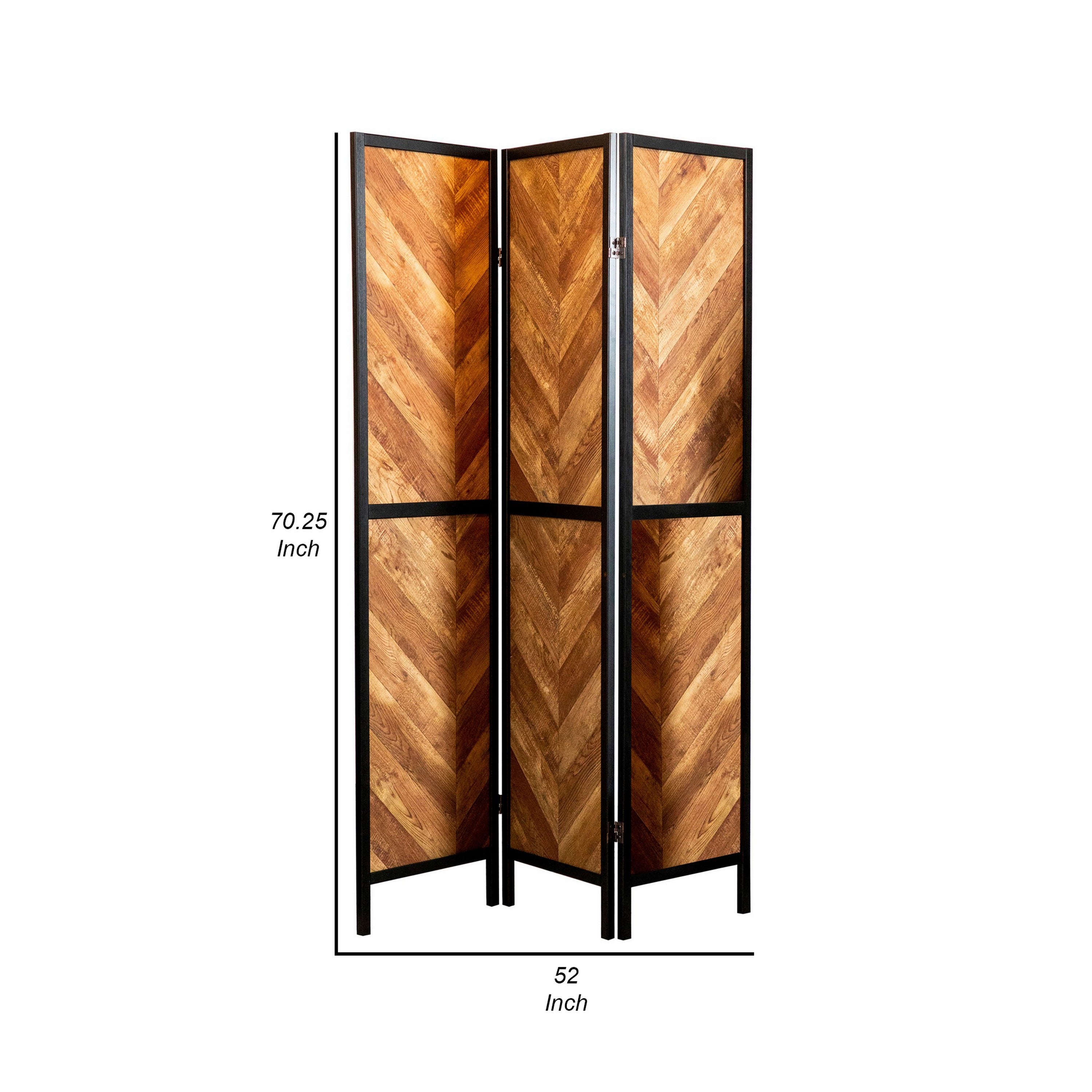 70 Inch Modern 3 Panel Folding Room Divider, Herringbone Pattern, Brown-zoom-5