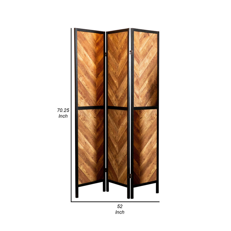 70 Inch Modern 3 Panel Folding Room Divider, Herringbone Pattern, Brown-zoom-