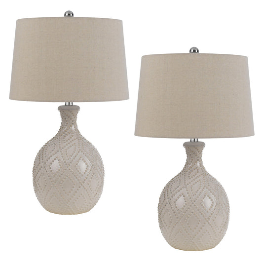 27 Inch Table Lamp Set of 2 Ceramic Base Hardback Fabric Shade Ivory