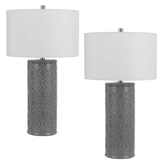 29 Inch Accent Table Lamp Set of 2 Tall Cylinder Ball Finial Accent Gray