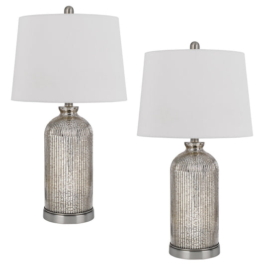 26 Inch Accent Table Lamp Set of 2 Lined Glass Jar Base Metallic Silver
