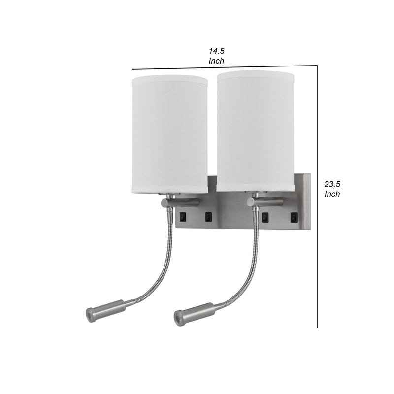 Liam 24 Inch Modern Wall Lamp Hardback Fabric Shade 2 Led Metal Silver-zoom-