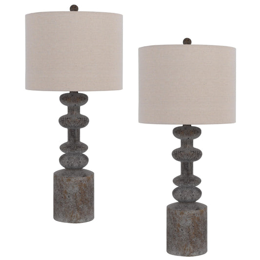 31 Inch Accent Table Lamp Resin Turned Base Set of 2 Beige Gray