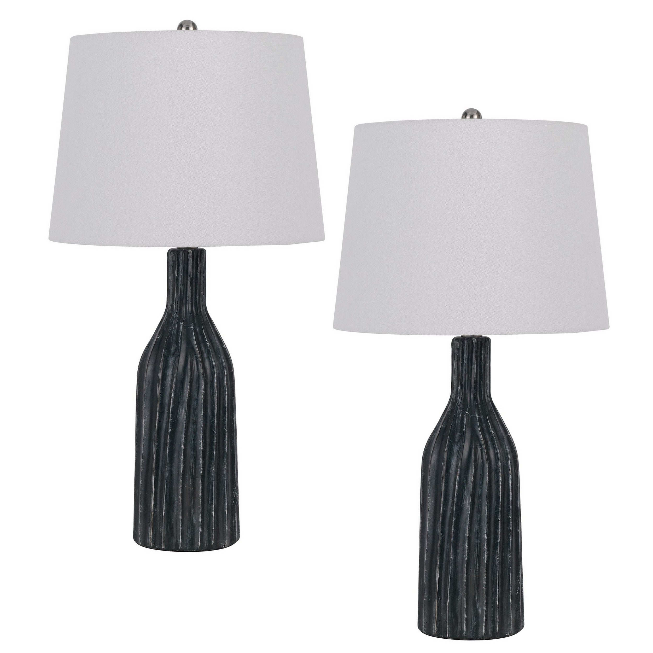 25 Inch Set of 2 Artisanal Ceramic Accent Table Lamp Fluted Grayed Black-zoom-1