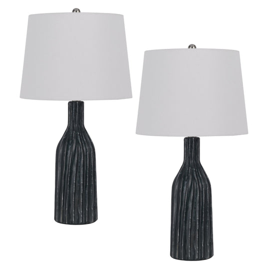 25 Inch Set of 2 Artisanal Ceramic Accent Table Lamp Fluted Grayed Black