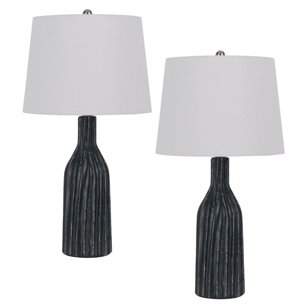 25 Inch Set of 2 Artisanal Ceramic Accent Table Lamp Fluted Grayed Black