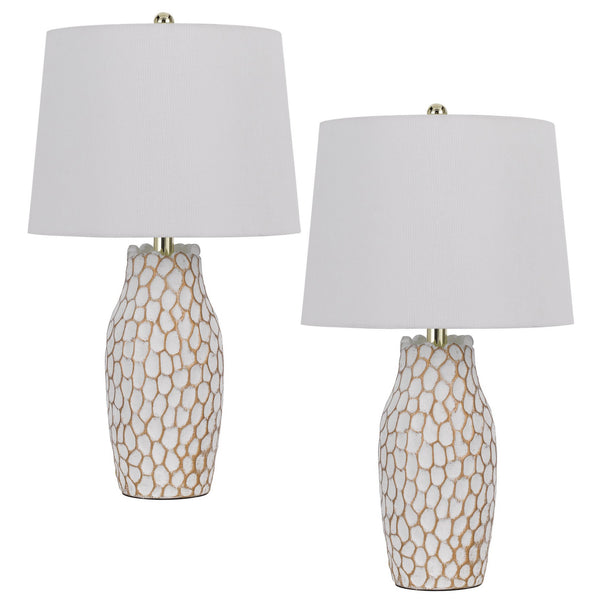 23 Inch Set of 2 Ceramic Accent Table Lamp Hammered Base White Gold