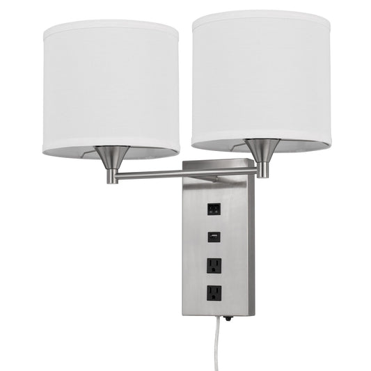 Rexi Modern Metal Wall Lamp 2 Shades Usb 2 Power Outlets White Silver