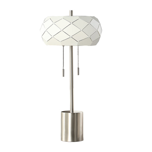 28 Inch Accent Table Lamp Geometric Drum Shade Metal Base White Silver
