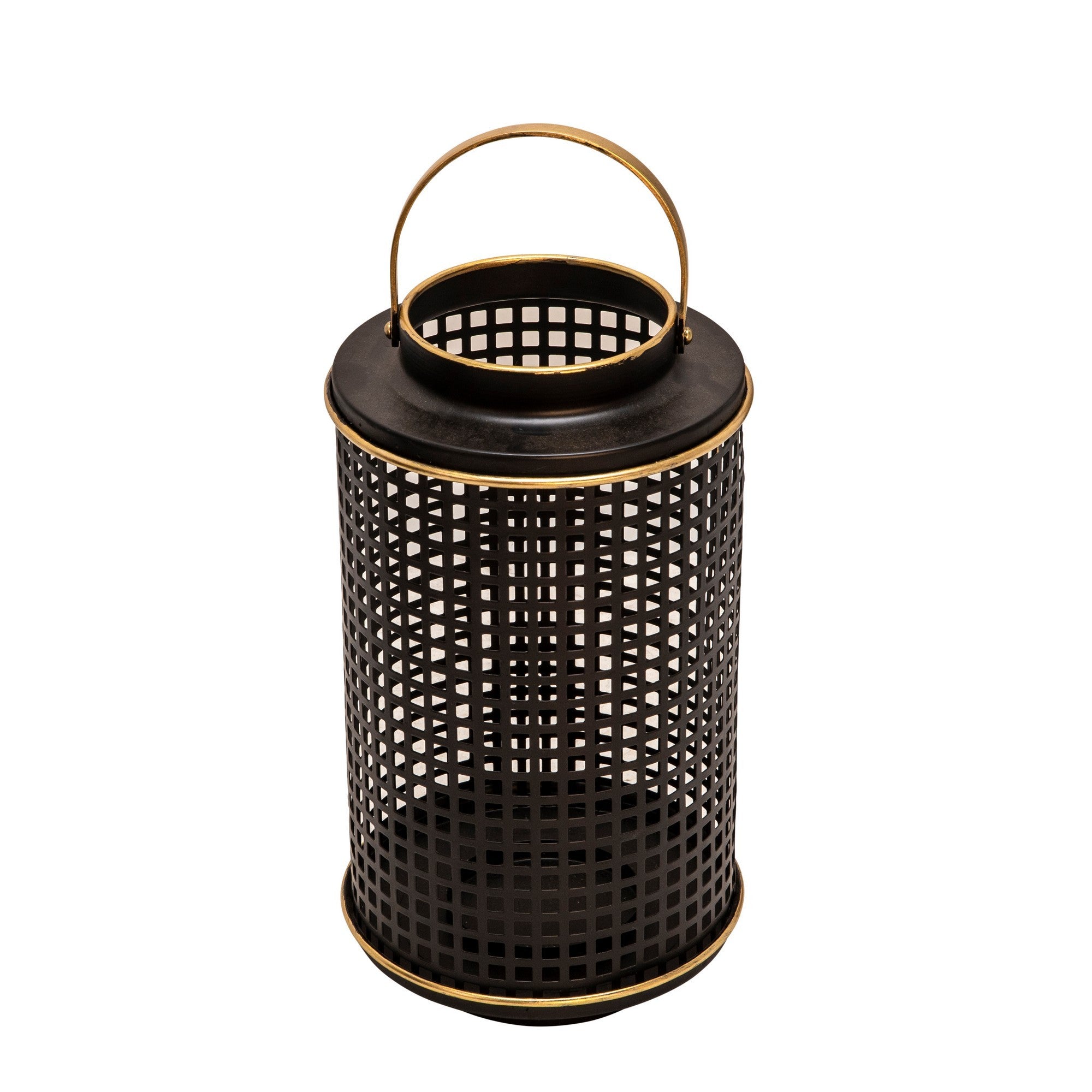 Kate 12 Inch Metal Candle Holder Sleek Grid Design Black Matte Gold-zoom-1
