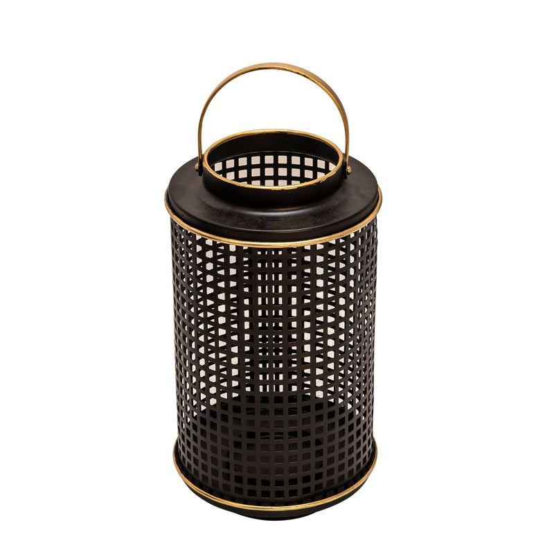 Kate 12 Inch Metal Candle Holder Sleek Grid Design Black Matte Gold-zoom-
