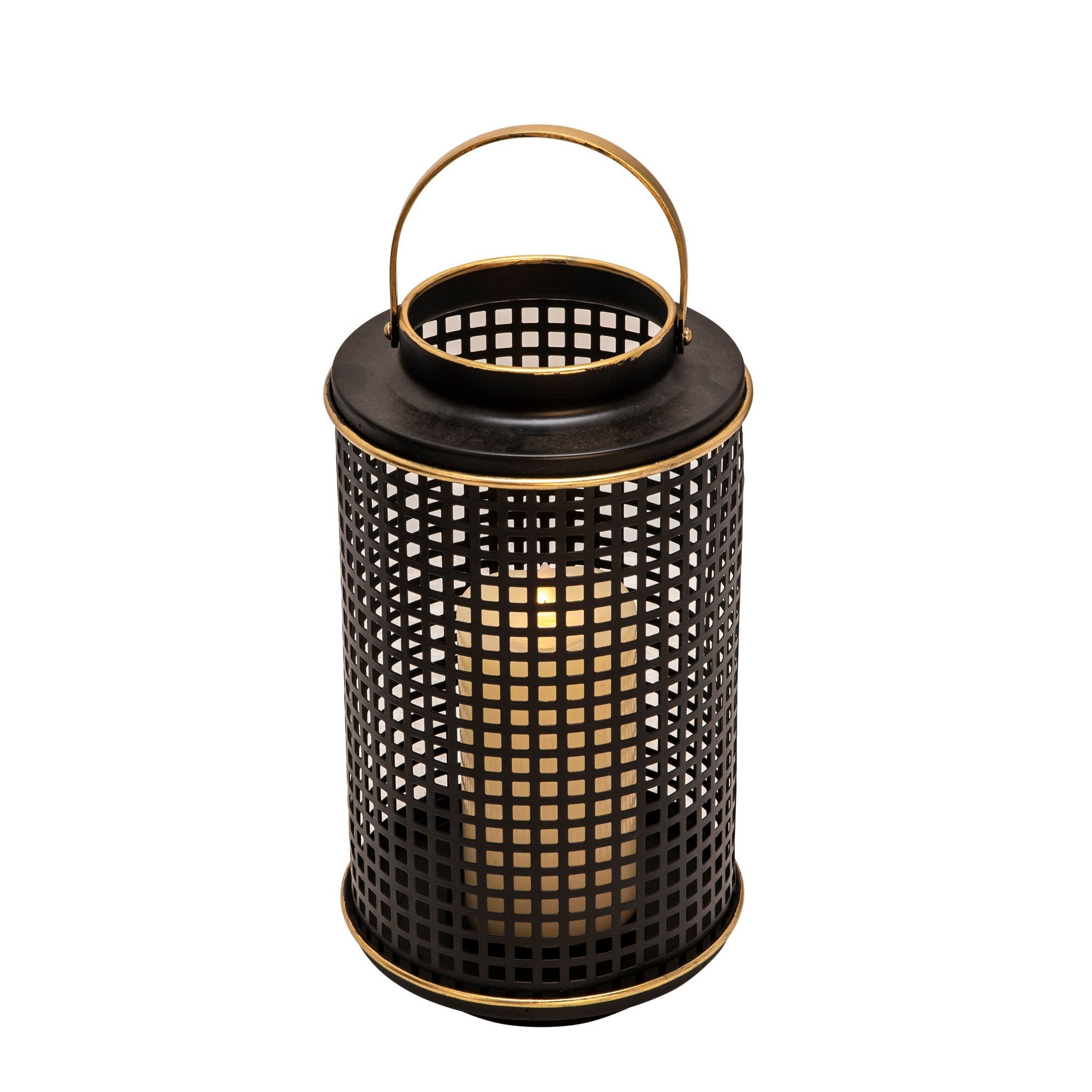 Kate 12 Inch Metal Candle Holder Sleek Grid Design Black Matte Gold-zoom-2