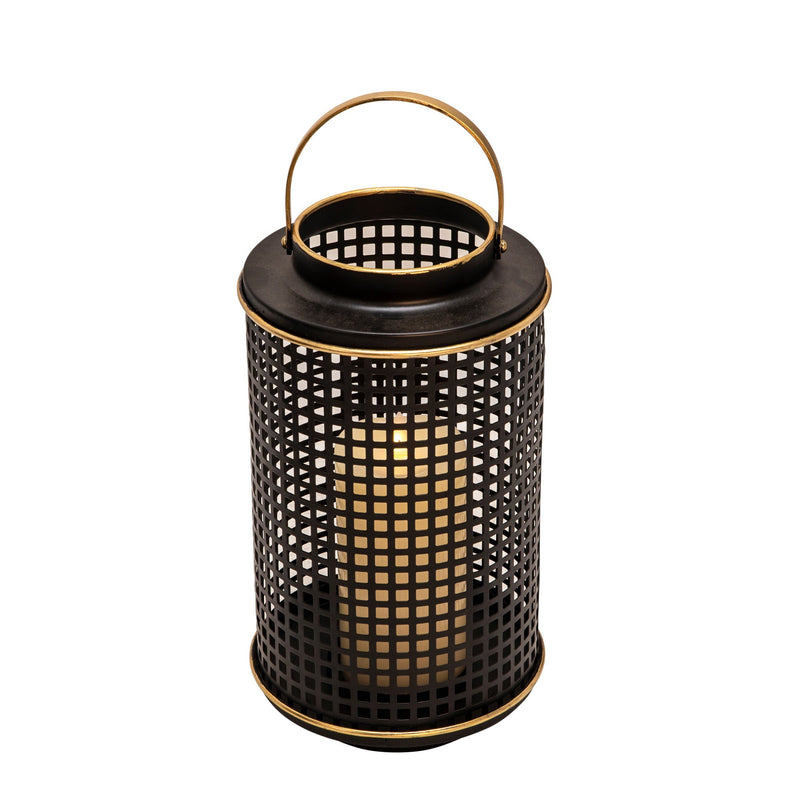 Kate 12 Inch Metal Candle Holder Sleek Grid Design Black Matte Gold-zoom-