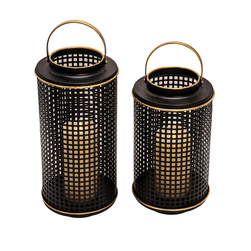 Kate 12 Inch Metal Candle Holder Sleek Grid Design Black Matte Gold-zoom-