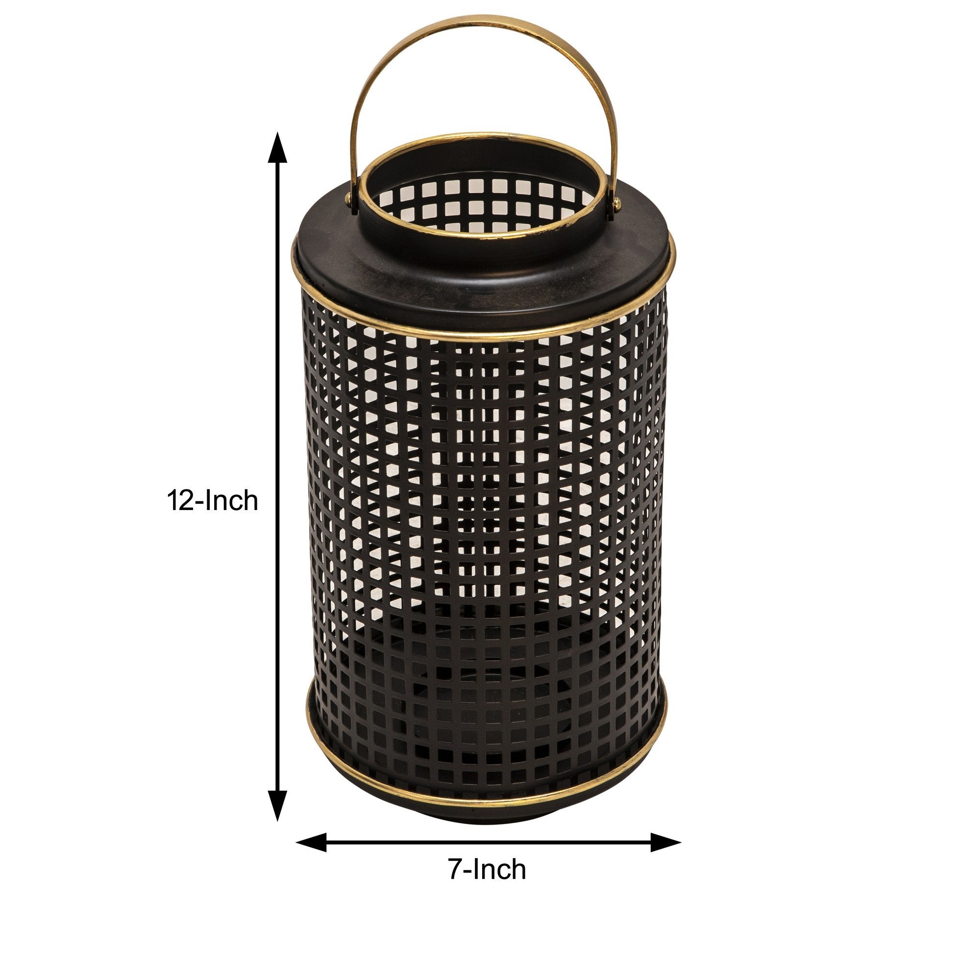 Kate 12 Inch Metal Candle Holder Sleek Grid Design Black Matte Gold-zoom-5