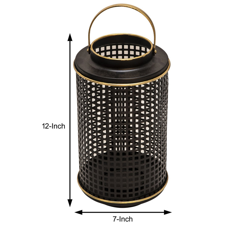 Kate 12 Inch Metal Candle Holder Sleek Grid Design Black Matte Gold-zoom-