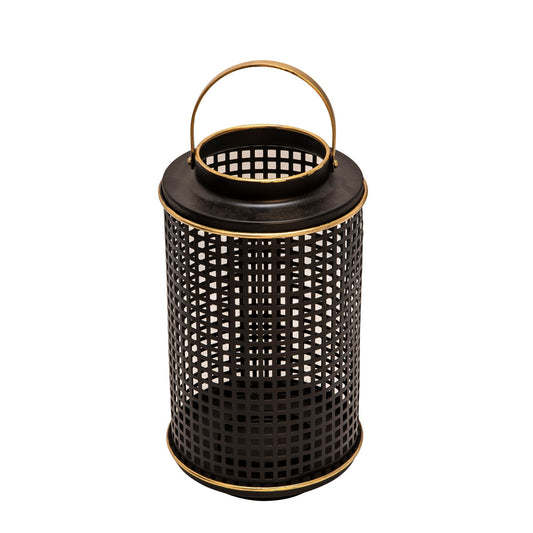 Kate 12 Inch Metal Candle Holder Sleek Grid Design Black Matte Gold