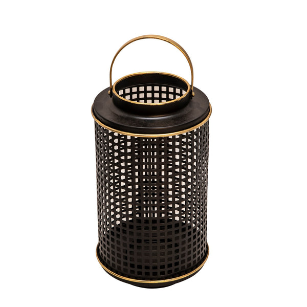 Kate 12 Inch Metal Candle Holder Sleek Grid Design Black Matte Gold