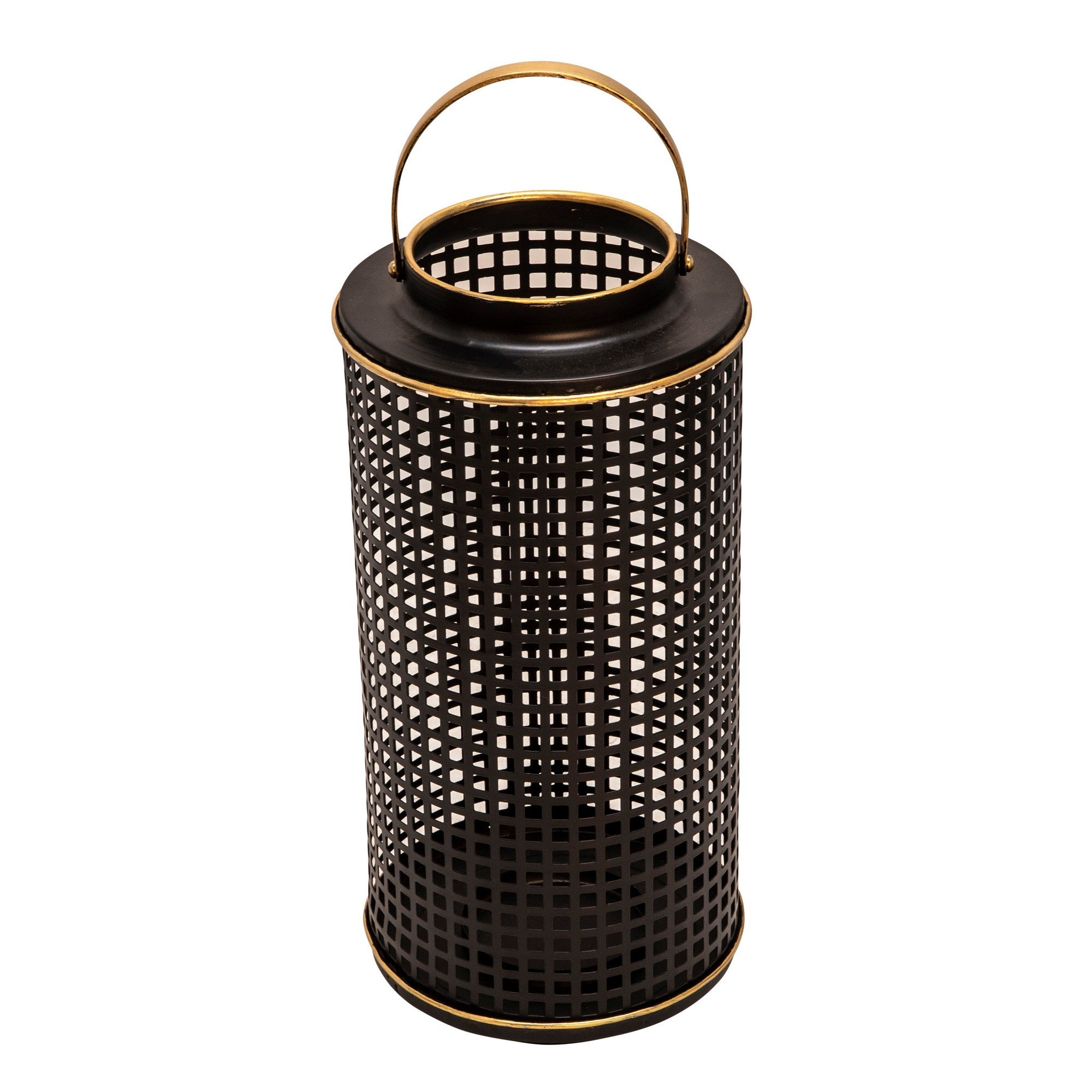 Kate 14 Inch Metal Candle Holder Sleek Grid Design Black Matte Gold