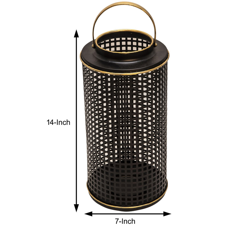 Kate 14 Inch Metal Candle Holder Sleek Grid Design Black Matte Gold-zoom-