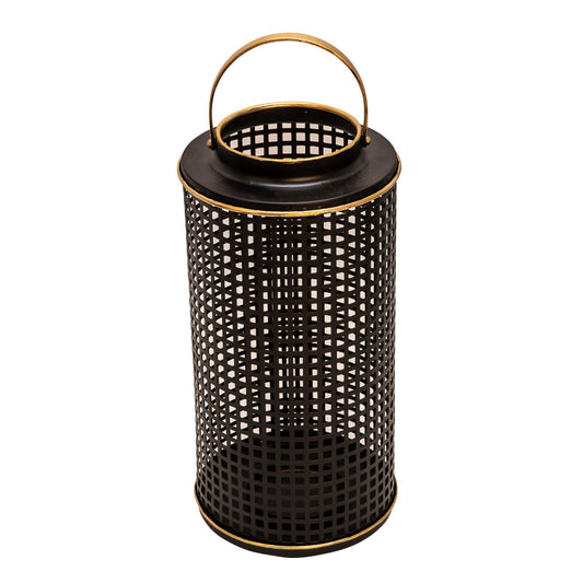 Kate 14 Inch Metal Candle Holder Sleek Grid Design Black Matte Gold