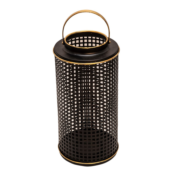 Kate 14 Inch Metal Candle Holder Sleek Grid Design Black Matte Gold