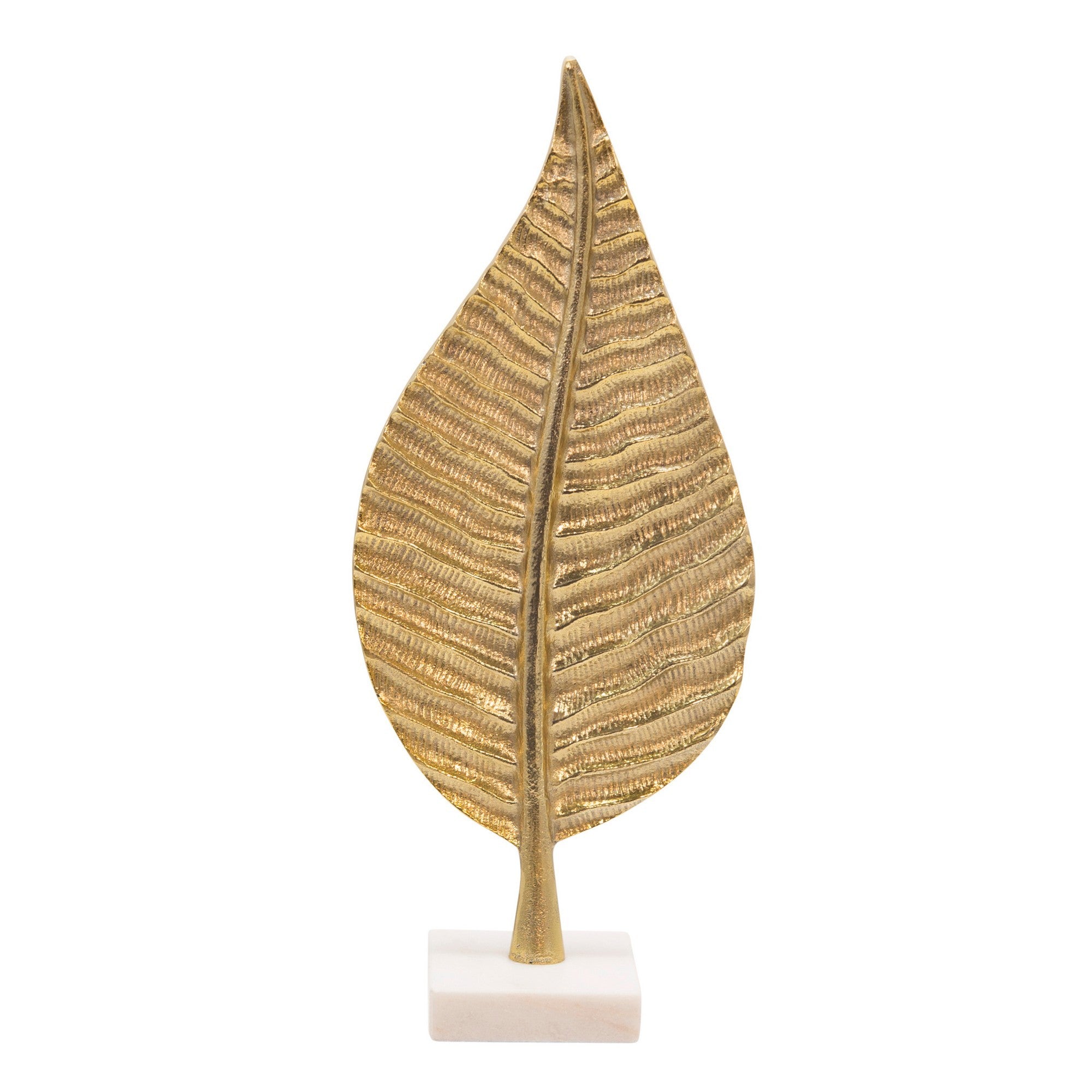 19 Inch Modern Leaf Accent Decor White Block Base Gold Finished Aluminum