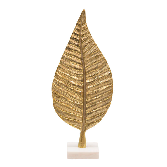 19 Inch Modern Leaf Accent Decor White Block Base Gold Finished Aluminum