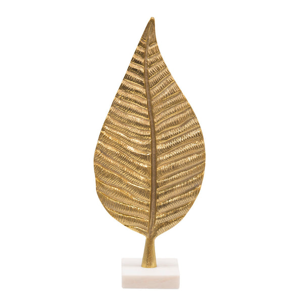 19 Inch Modern Leaf Accent Decor White Block Base Gold Finished Aluminum
