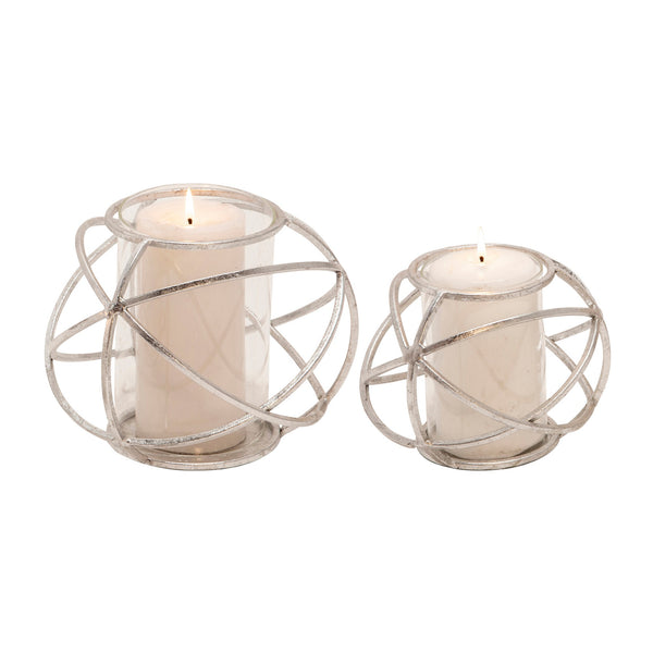 Metal Glass Candle Holders Orb Shaped Intersected Ring Set Of 2 Silver