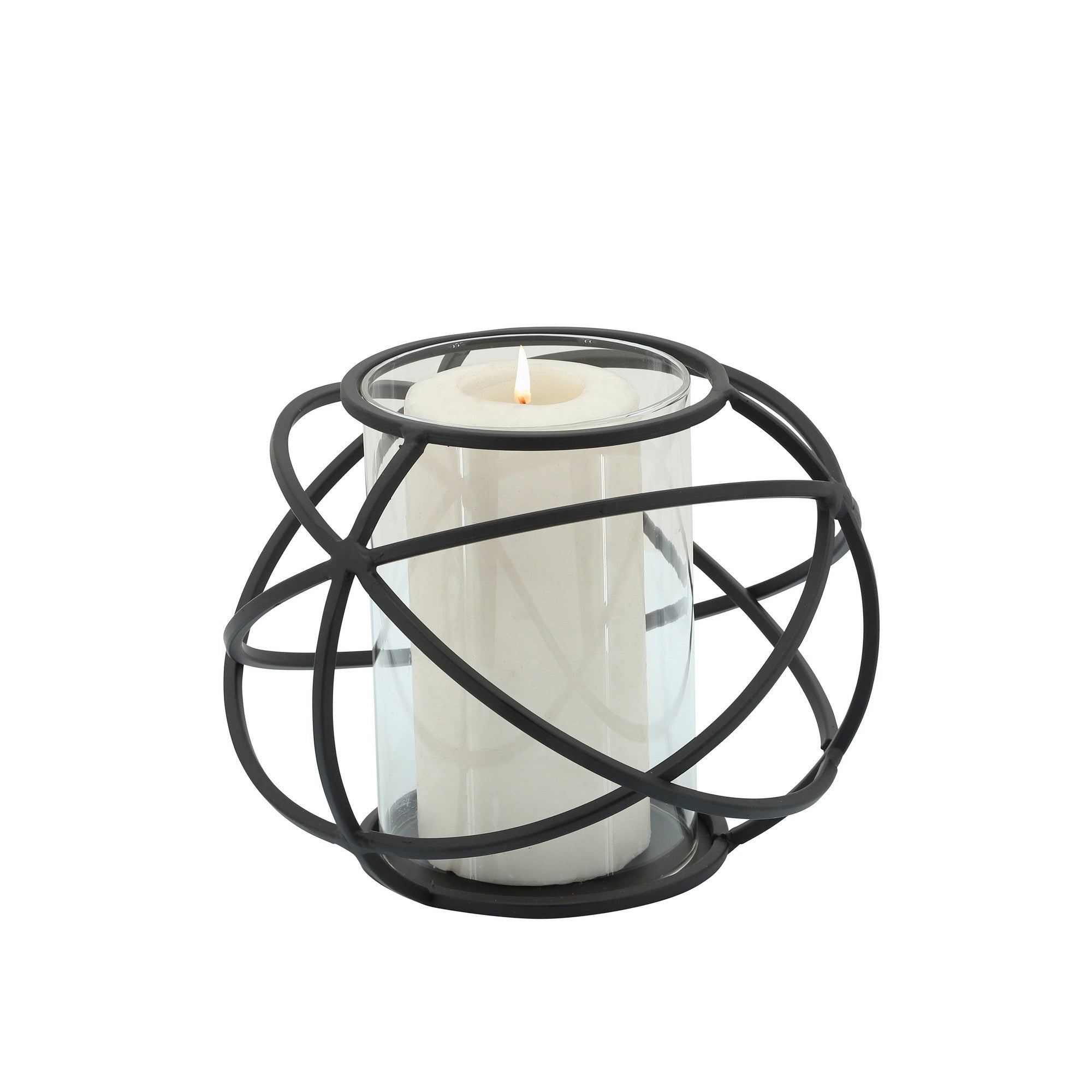 Metal Glass Candle Holders Orb Shaped Intersected Ring Set Of 2 Black