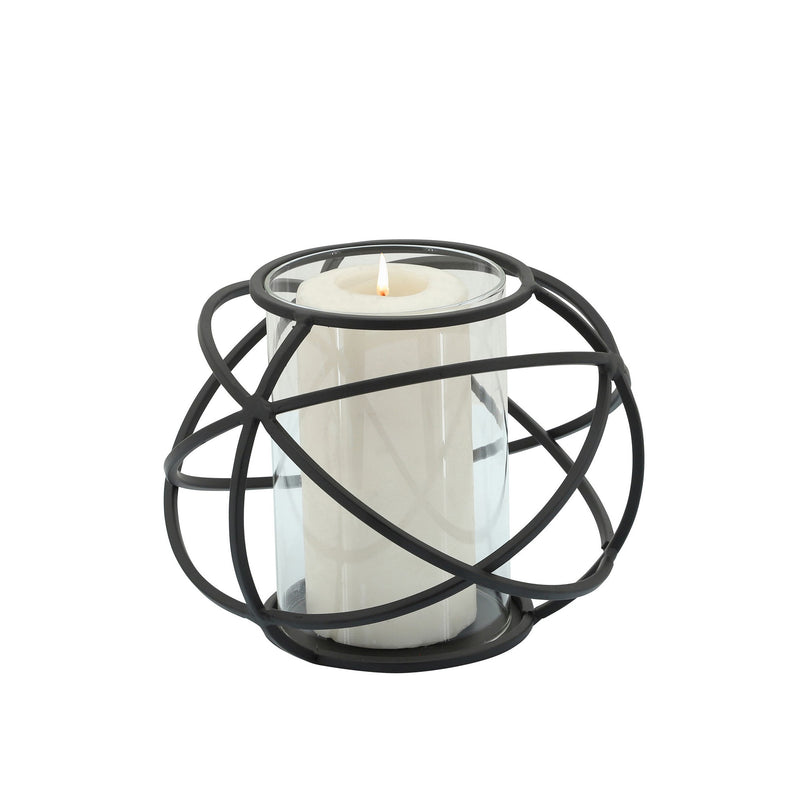 Metal Glass Candle Holders Orb Shaped Intersected Ring Set Of 2 Black-zoom-