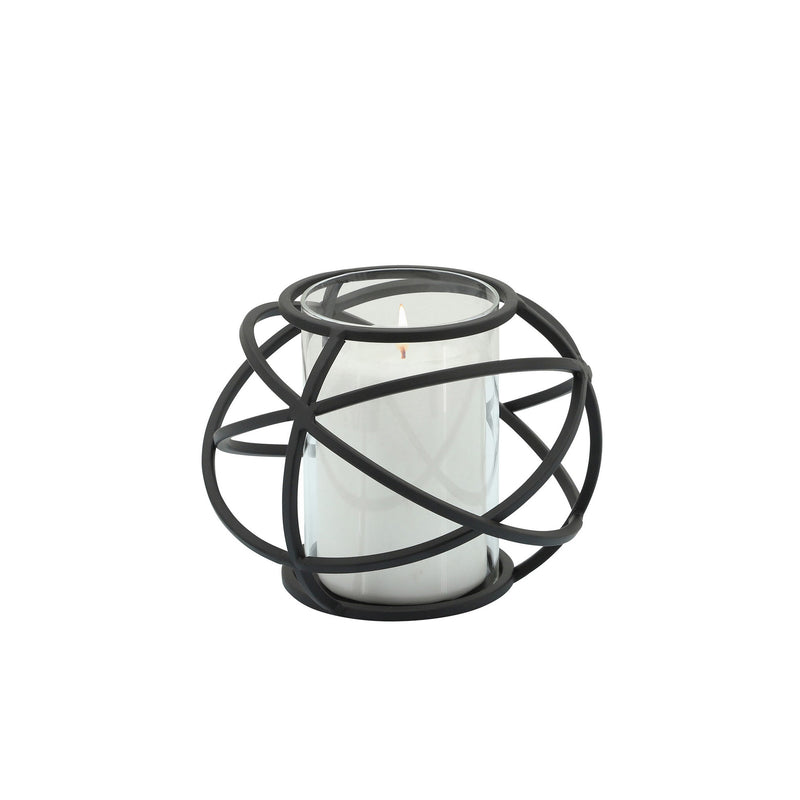 Metal Glass Candle Holders Orb Shaped Intersected Ring Set Of 2 Black-zoom-